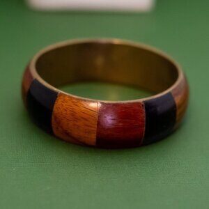 8 inch, Vintage Wood & Brass Multi Tone Bangle - K44